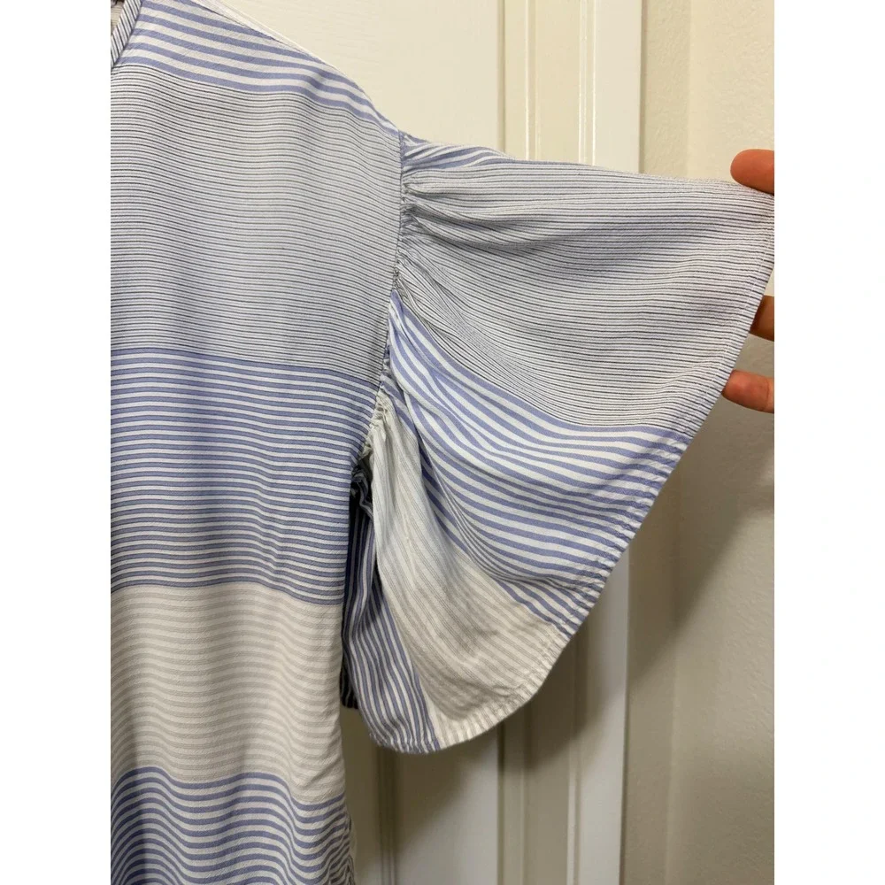 Loft Womens Blue White Striped Ruffle Sleeve Button Back Peplum Blouse Small - Picture 3 of 4